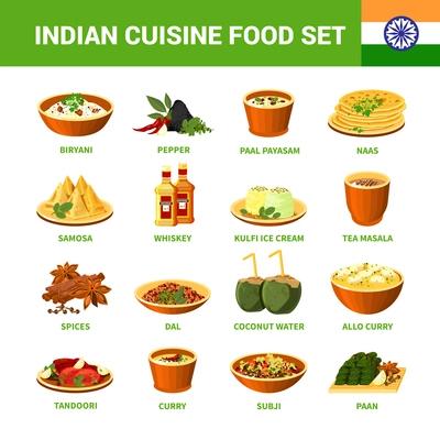 Indian cuisine food set with different dishes spices and drinks isolated vector illustration