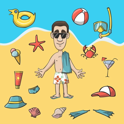 Vacation travel character on the beach construction pack with summer set of seashell icecream panama and sunglasses vector illustration