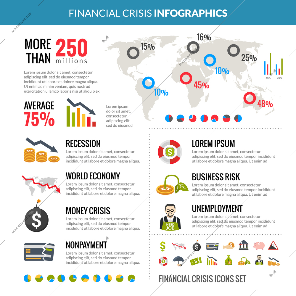 World global financial crisis and business risk reduction in recession statistic analysis with diagrams infographics layout vector illustration