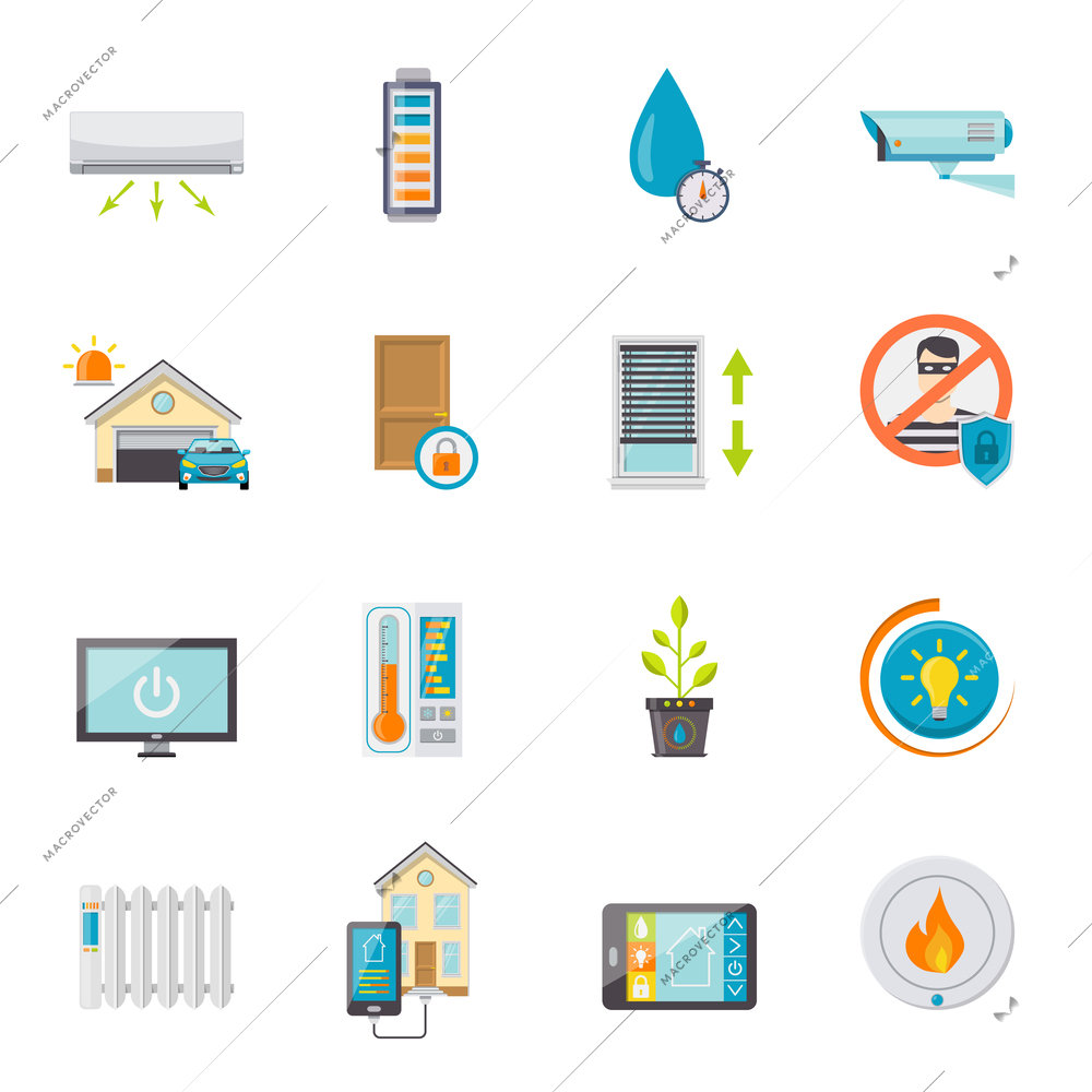 Smart house flat icons set with electronic technologies for comfort and safety isolated vector illustration