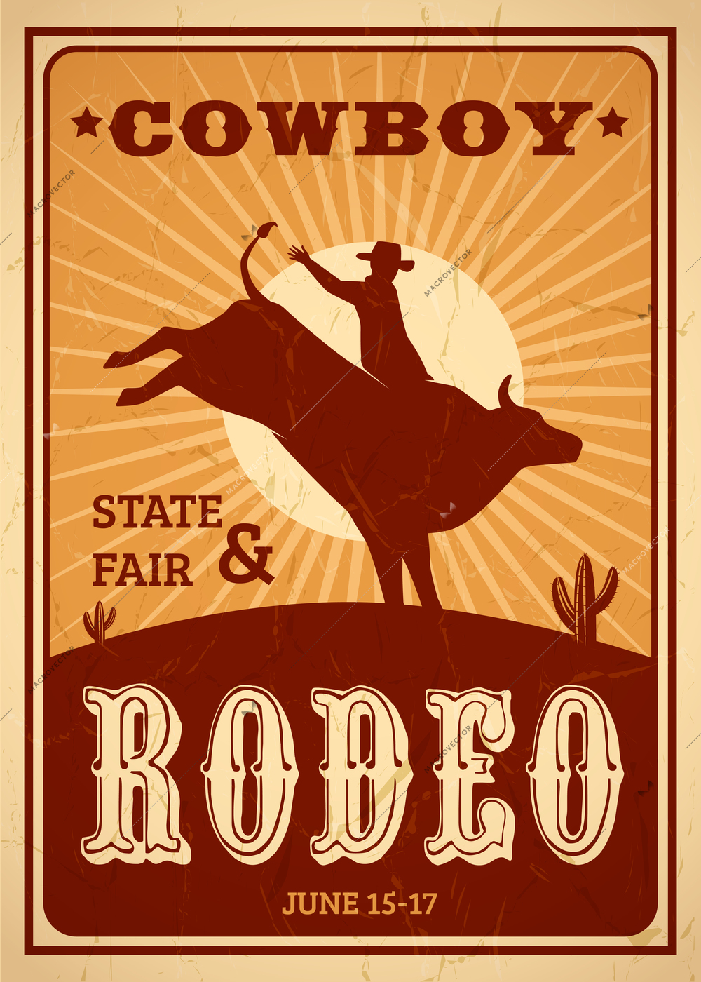 Advertisement rodeo poster in retro style with cowboy riding wild horse on sunset background flat vector illustration