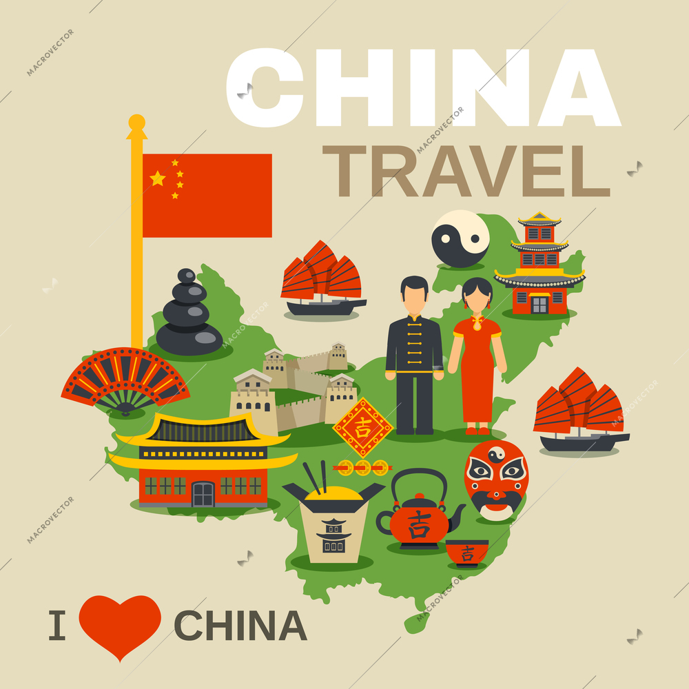 Oriental travel agency love china poster with traditional food paper lantern and red banner flat vector illustration