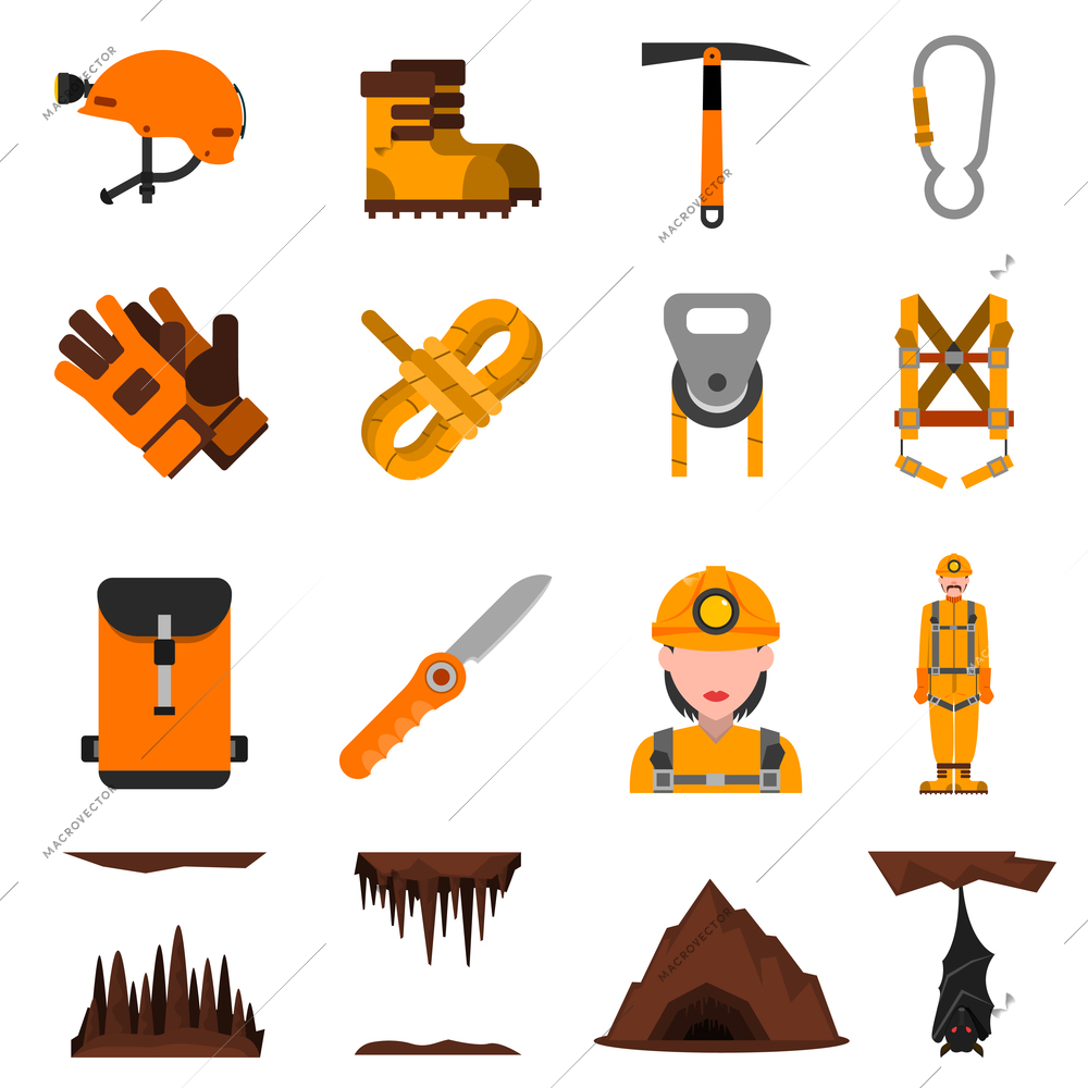 Speleologist in helmet with light harness equipment and ice axe flat icons set abstract isolated vector illustration