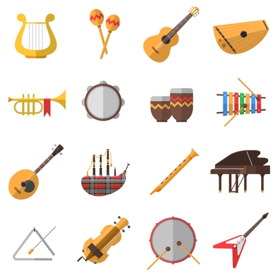 Musical instruments icons set with piano guitar and drums flat isolated vector illustration