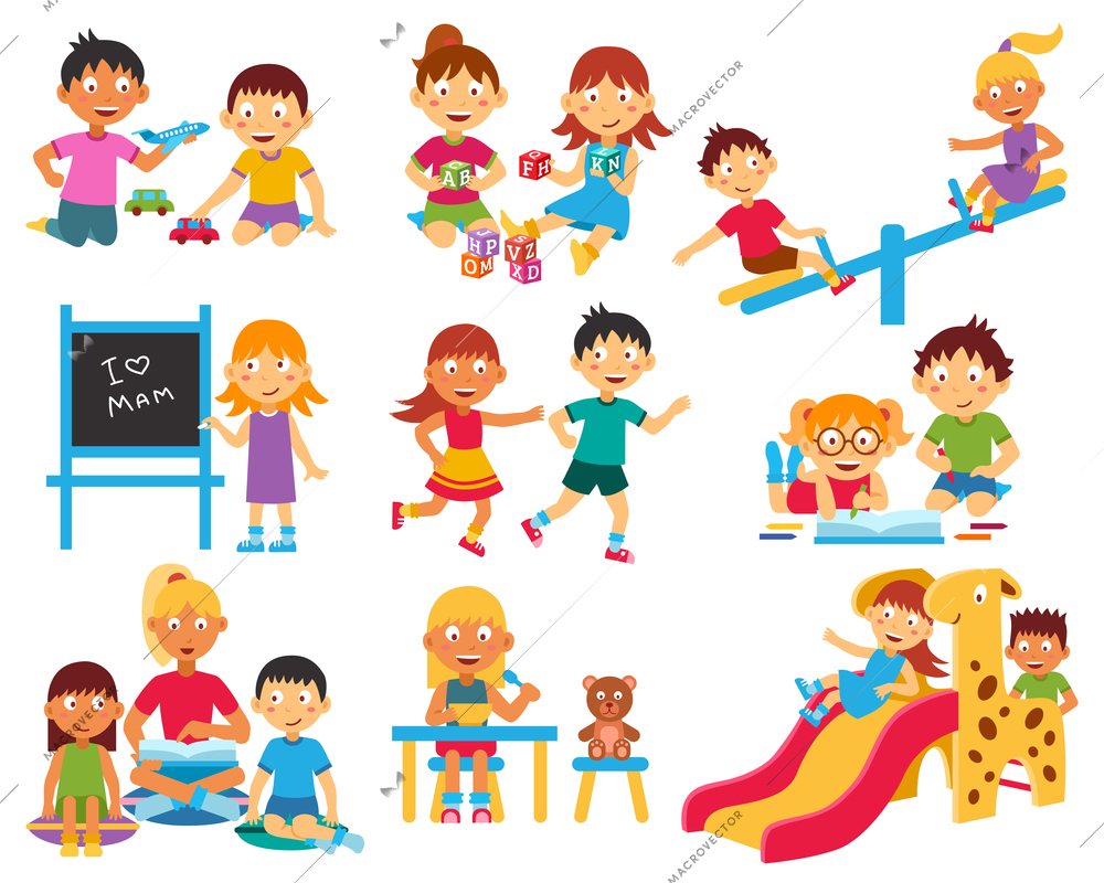 Kindergarten flat icons set with children playing with toys and each other isolated vector illustration