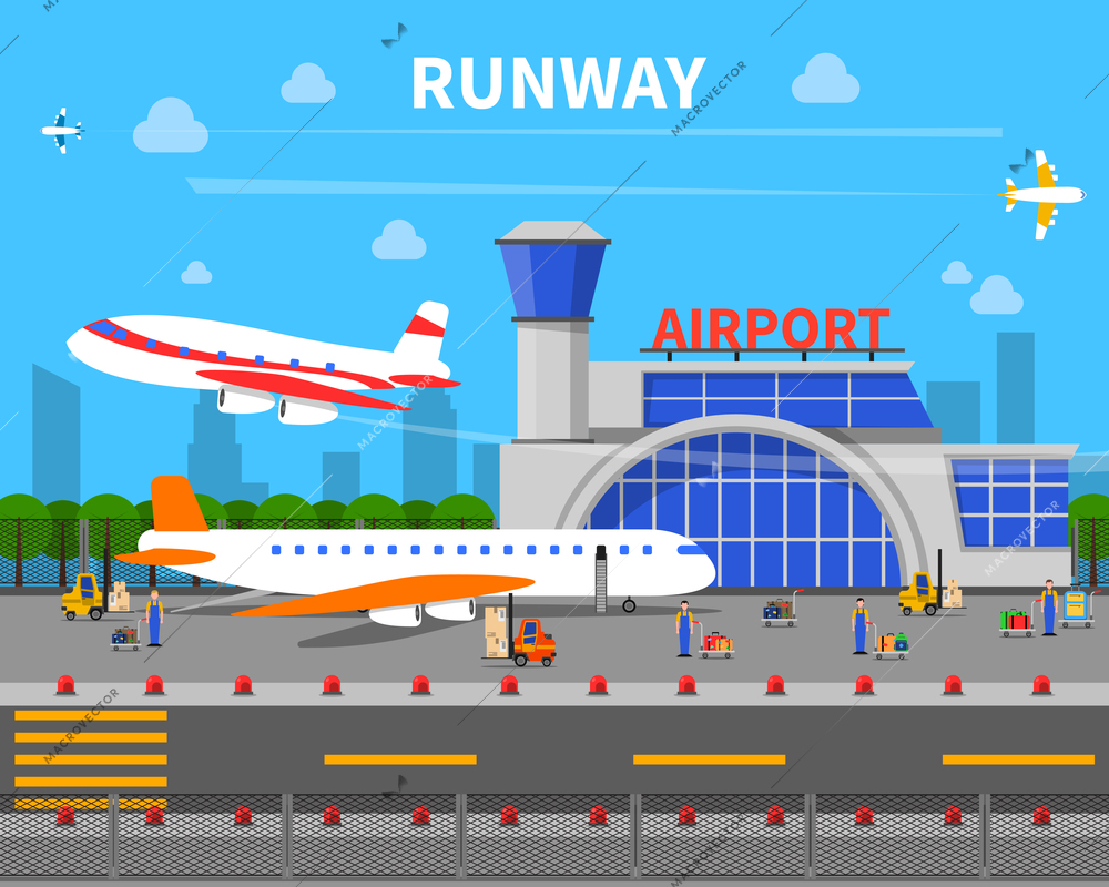 Airport runway concept with planes and airport building flat vector illustration