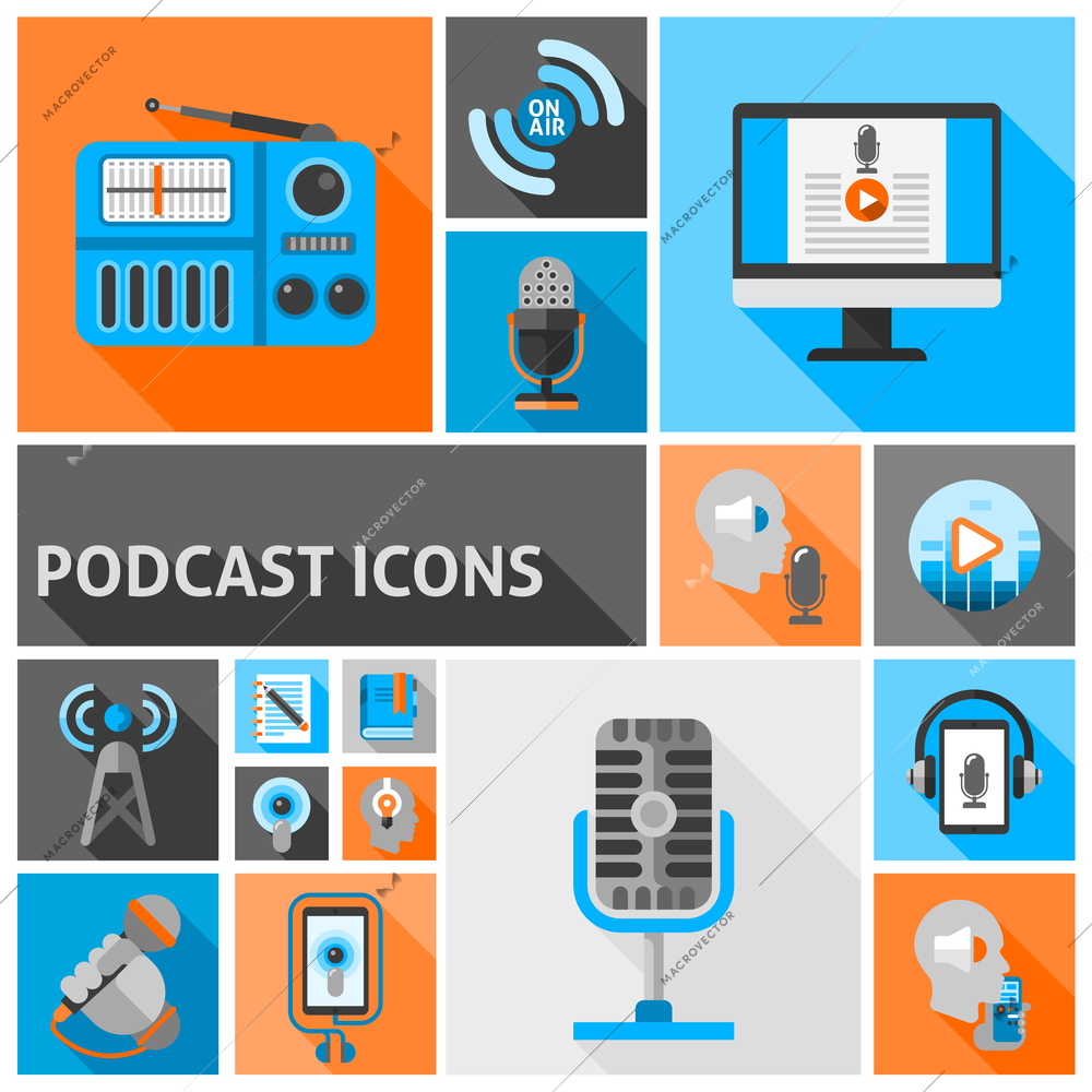 Podcast icons flat set with internet radio and talk show symbols isolated vector illustration