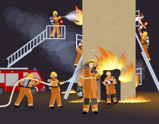 Firefighter people design concept with fire truck burning house  and  brigade saving child flat vector illustration