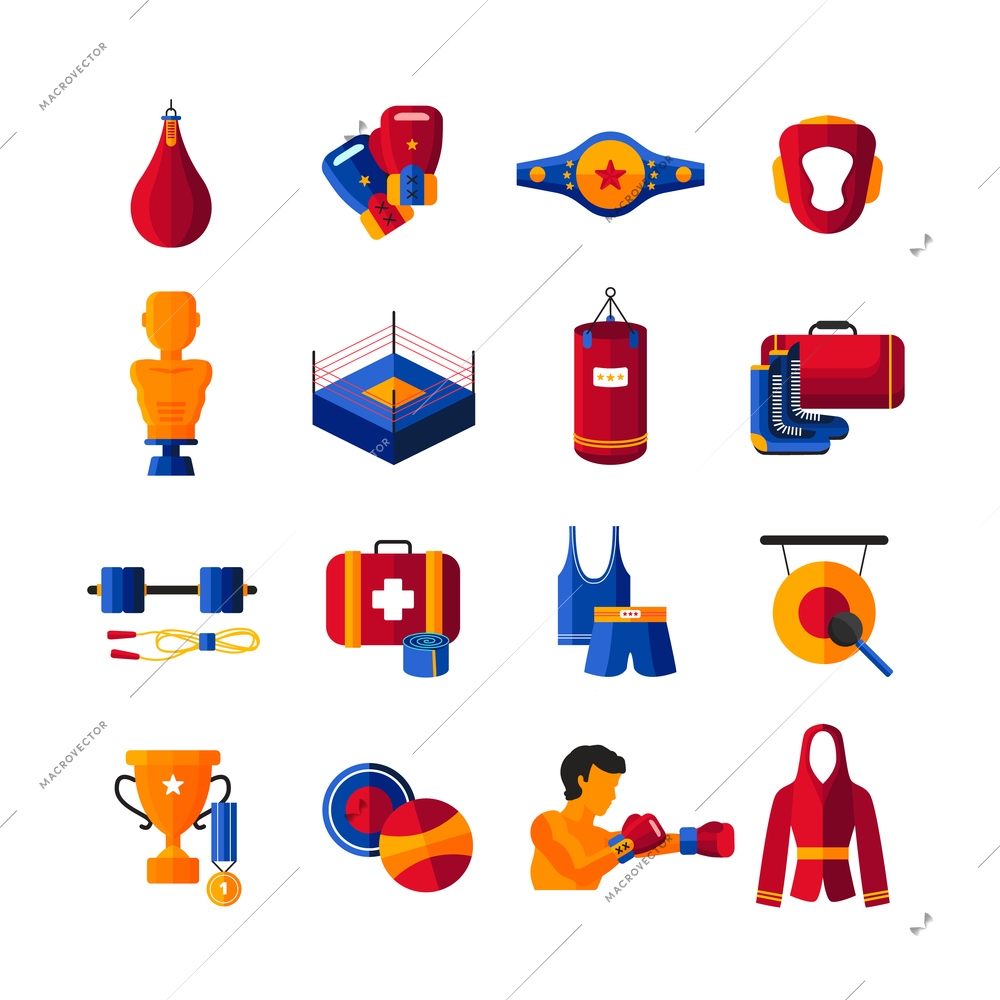 Boxing training gear punch bags equipment and sportswear accessories colorful flat icons set abstract isolated vector illustration