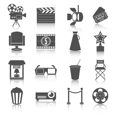 Cinema entertainment icons set of film popcorn movie tickets theatre chairs and projector lamp vector illustration
