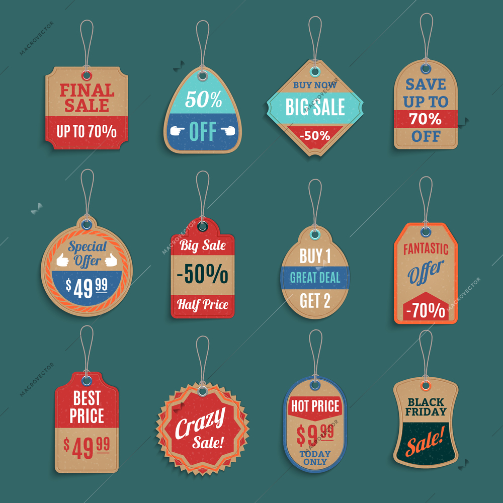 Sale tags set with special offer symbols on green background realistic isolated vector illustration