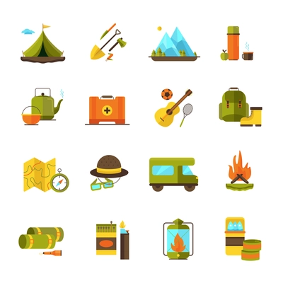 Camping and hiking adventure flat icons set with camper guitar and campfire pictograms abstract isolated vector illustration