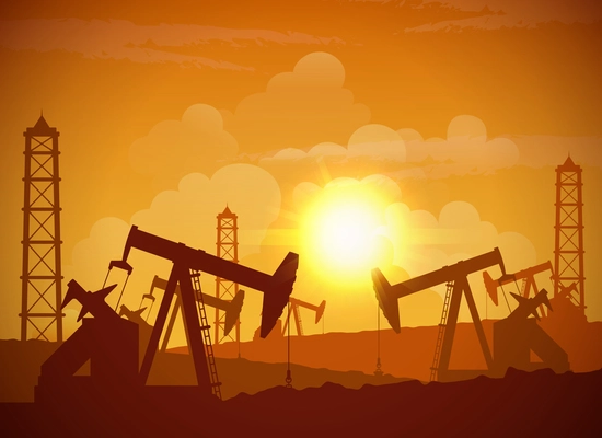 Silhouette of an oilfield derrick industrial machine for drilling at sunset background vector illustration