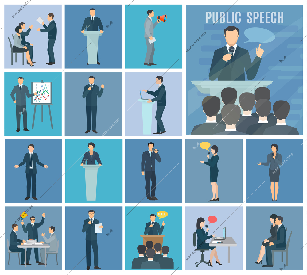 Public speaking to live audience workshops and presentations set blue background flat icons set abstract isolated illustration vector