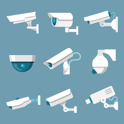 24 hours security surveillance camera or CCTV icons set white on color background isolated vector illustration