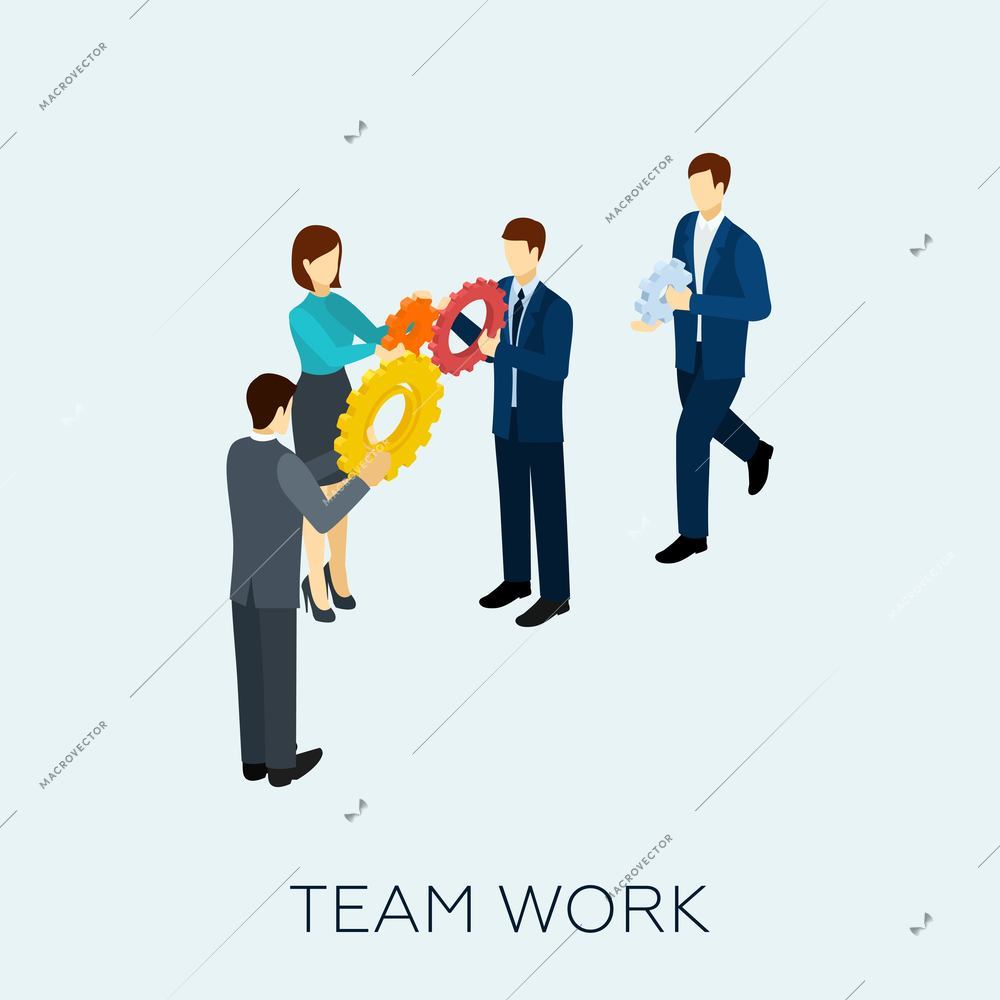 Teamwork concept with isometric business people and cogwheel mechanism vector illustration