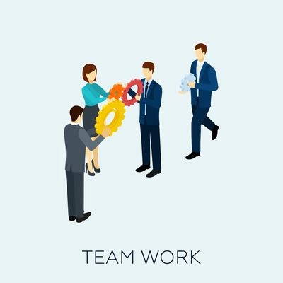 Teamwork concept with isometric business people and cogwheel mechanism vector illustration