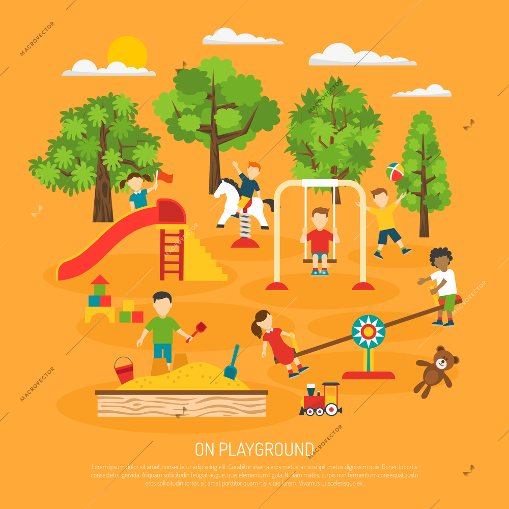 Kindergarten poster of kids playing on outdoor playground with swings and childrens slide flat vector illustration