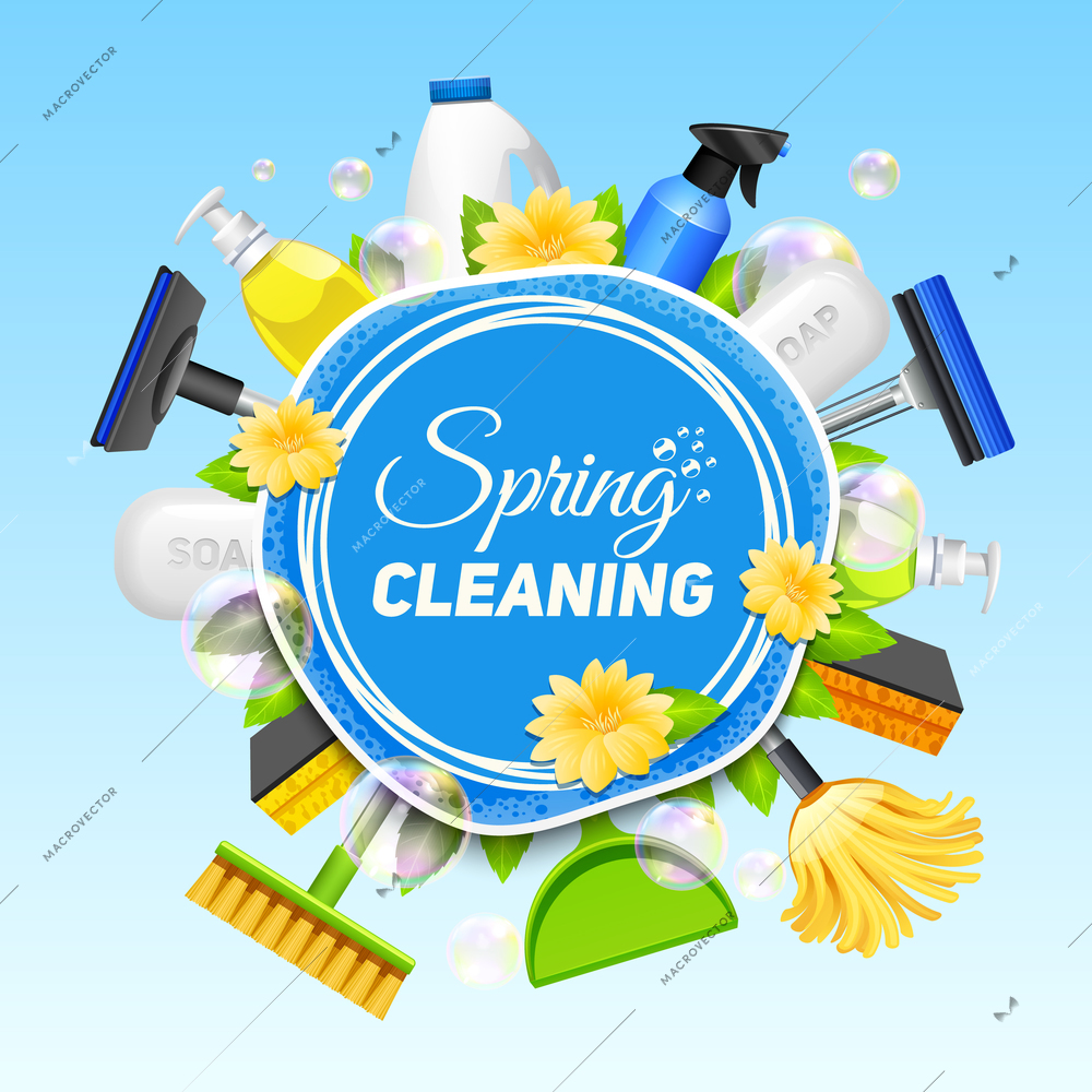 Poster with composition of different tools for cleaning service colored on blue background vector illustration