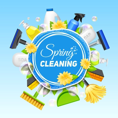 Poster with composition of different tools for cleaning service colored on blue background vector illustration