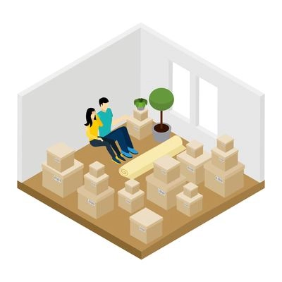Moving in a new apartment with lots of boxes isometric vector illustration