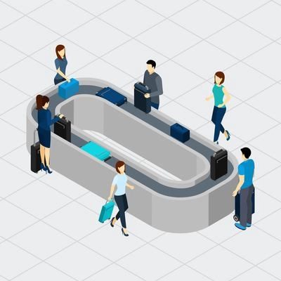 People standing at airport conveyor line with luggage isometric vector illustration