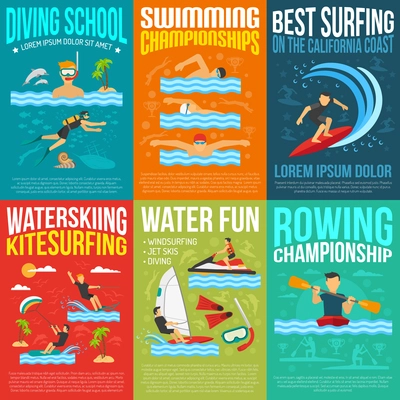 Water sport poster collection for rowing and swimming championships information best surfing water skiing and kite surfing advertising flat vector illustration