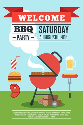 BBQ poster with grill and cooked food flat vector illustration