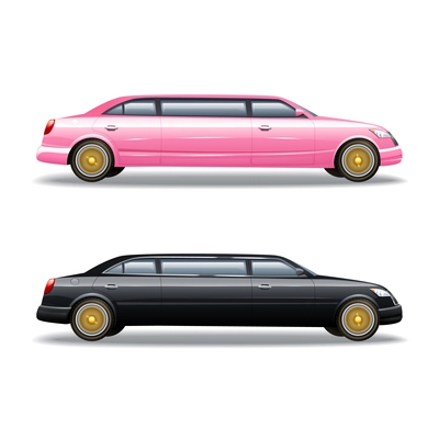 Luxury limousine car for celebrities or government politicians two isolated banners icons in pink and black vector illustration