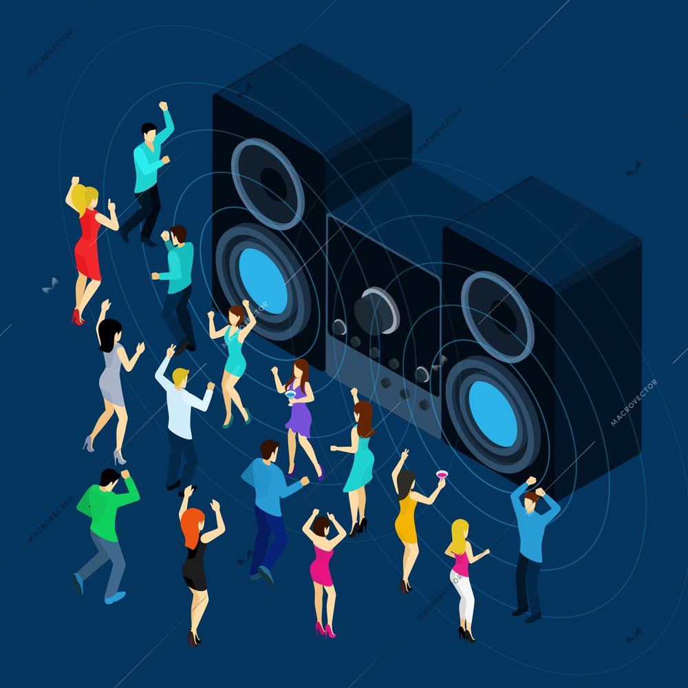 Dancing men and women with stereo sound symbols on blue background isometric vector illustration