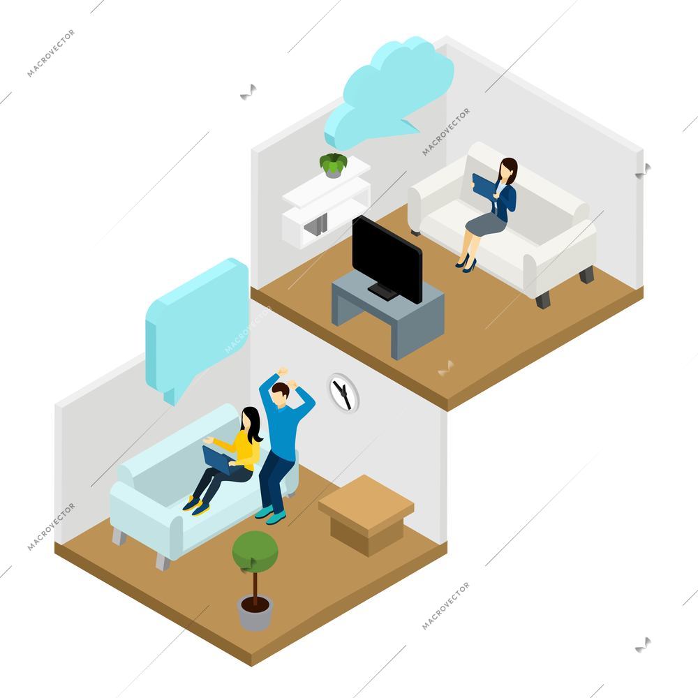 Friends communication online and at home in apartment isometric vector illustration
