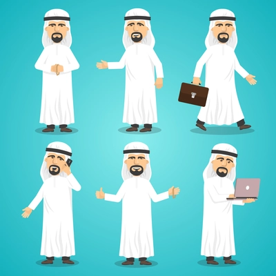 Cartoon images set of arab man in traditional arabic clothing isolated vector illustration