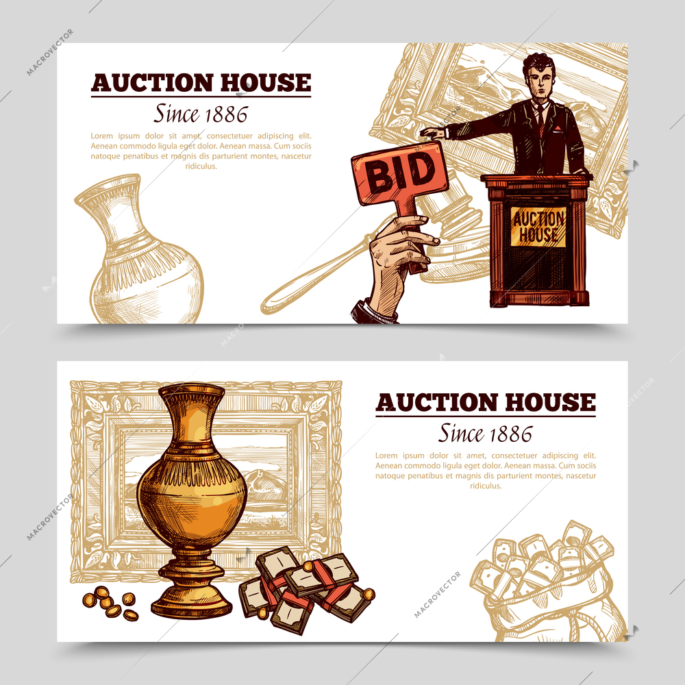 Auction house horizontal banners with manager and rare vase on auction theme background sketch doodle vector illustration