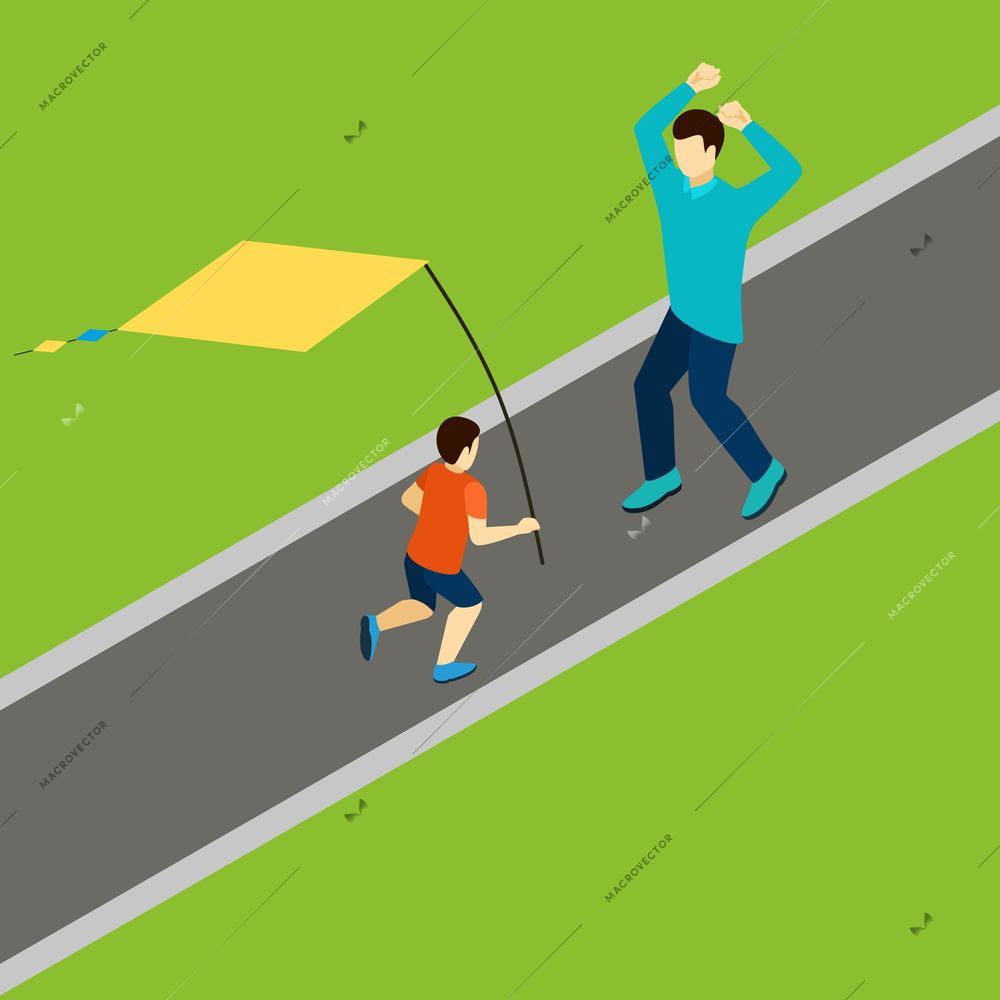 Family playing with kite with father and son isometric vector illustration