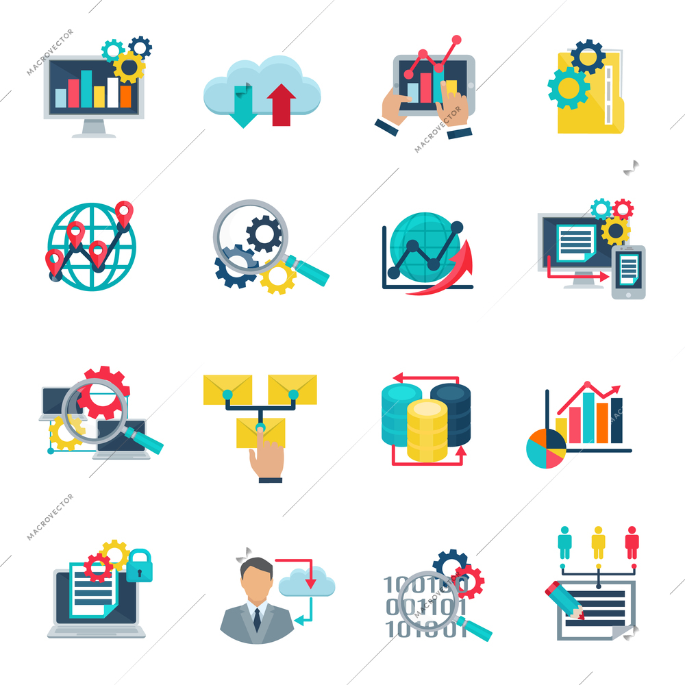 Big data analytics technology flat icons set with internet cloud and graphic analysis symbols abstract isolated illustration vector