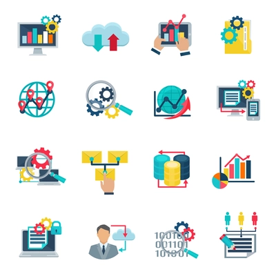 Big data analytics technology flat icons set with internet cloud and graphic analysis symbols abstract isolated illustration vector