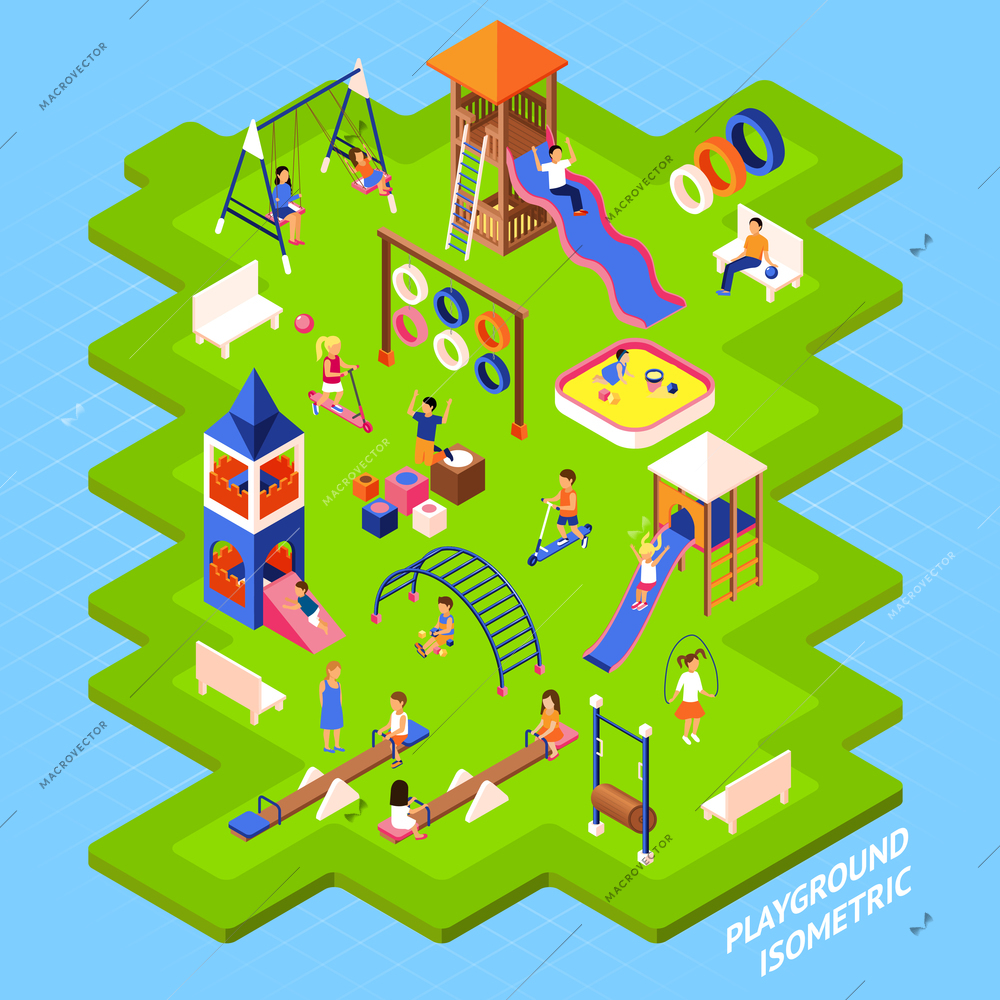 Poster of playgrond slides obstacles and other on green islet and playing children isometric 3d vector illustration