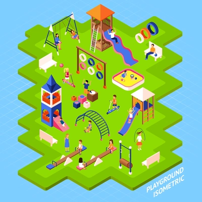 Poster of playgrond slides obstacles and other on green islet and playing children isometric 3d vector illustration