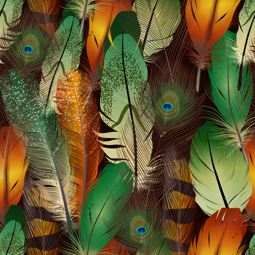 Feathers realistic seamless pattern with colorful bird air feathers vector illustration