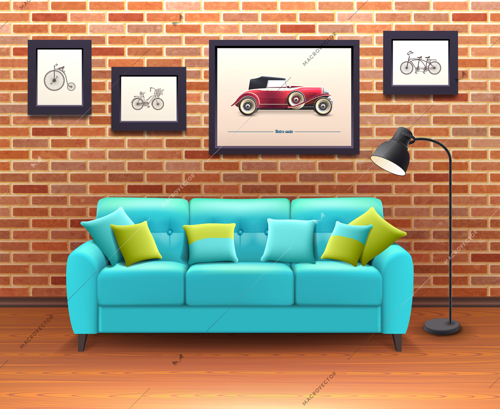 Vibrant turquoise sofa with decorative pillows brings color in sitting room brick walls interior realistic vector illustration