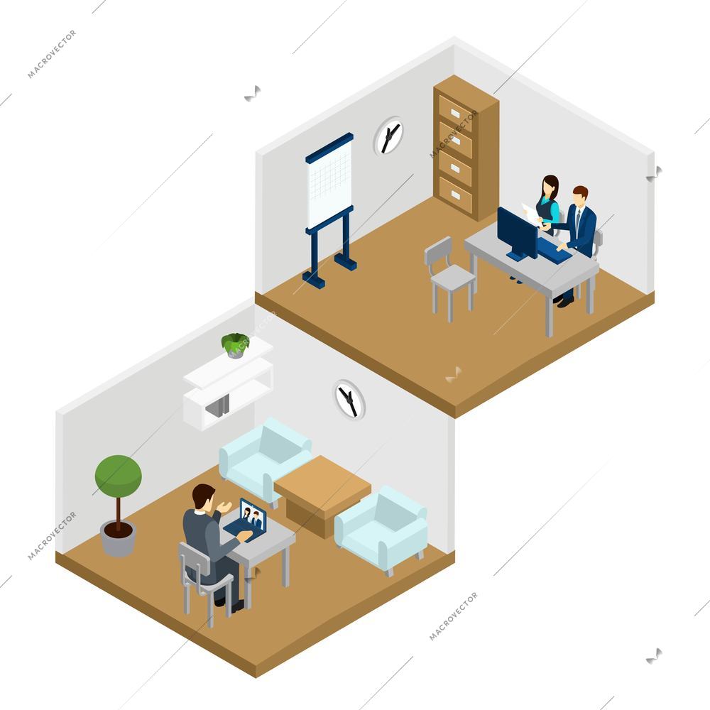 People communicating online in the room with laptop and computer isometric vector illustration