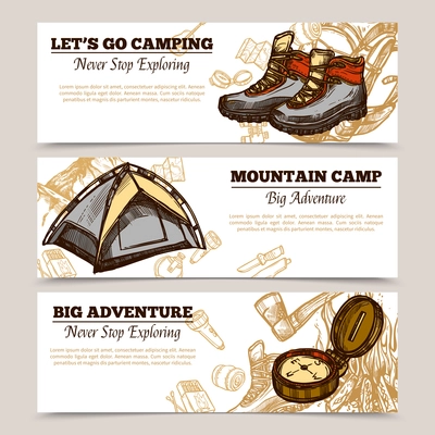 Horizontal tourism banners set presenting lets go camping mountain camp and big adventure hand drawn vector illustration