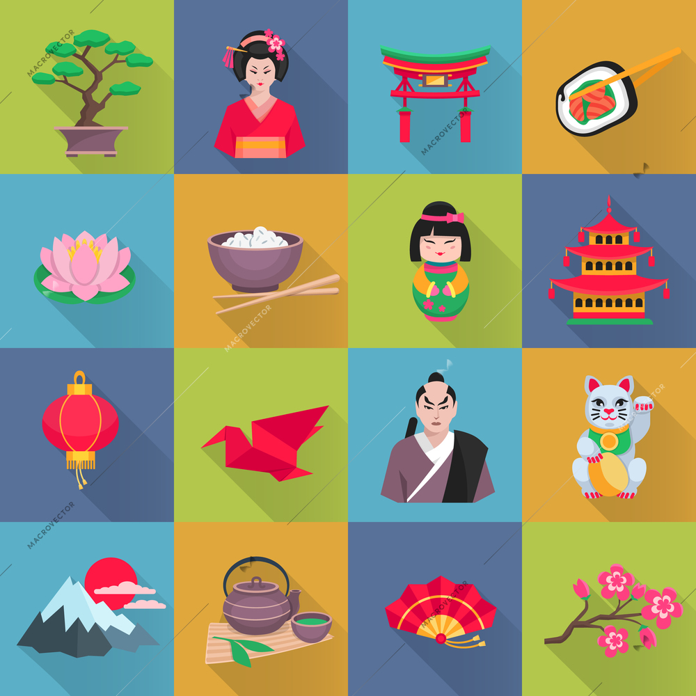 Japanese culture flat icons collection with lotus flower red lantern and bonsai shadow abstract isolated vector illustration