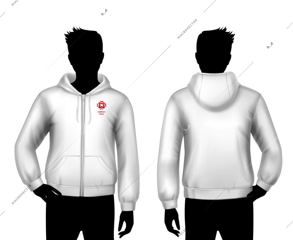 Male hooded sweatshirt realistic template with man body silhouettes in black and white colors isolated vector illustration