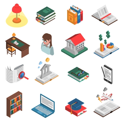 Books isometric icons set with library and bookshelf symbols isolated vector illustration