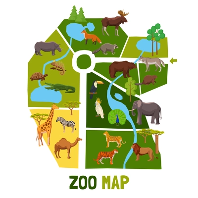 Cartoon zoo map with african animals tropical birds and inhabitants of taiga flat vector illustration