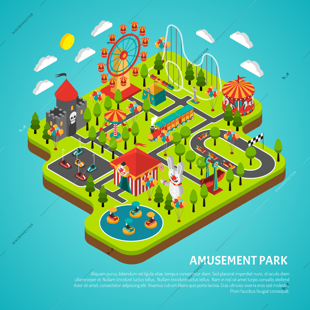 Amusement park fairground with big ferris observation wheel and bumper cars attractions isometric colorful banner vector illustration