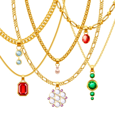 Golden jewelry chains set with different pendants realistic vector illustration