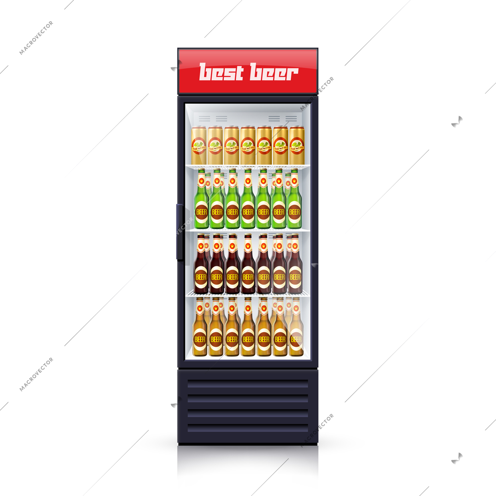 Fridge dispenser machine cooling and selling best budget beer decorative single object poster realistic vector Illustration