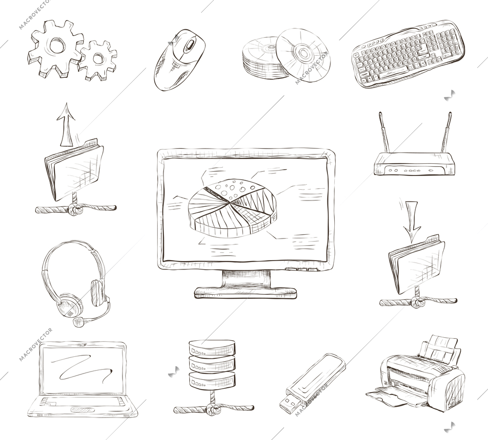 Business computer icons set of workplace desktop printer and wireless network router hand drawn isolated vector illustration sketch